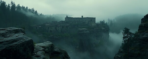 Misty mountain castle ruins