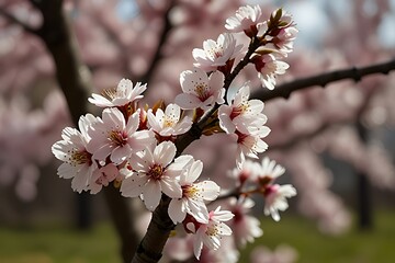 Pink cherry tree blossoms bloom on branches in spring, a beautiful natural scene