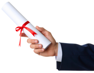 hand holding white paper certificate roll isolated on white background