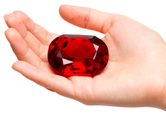 hand holding red ruby stone isolated on white background