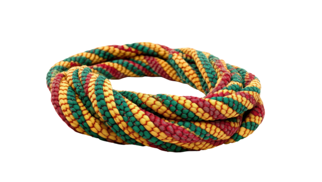 Coiled rope with a striking yellow, green, and red striped pattern, arranged in a circular formation