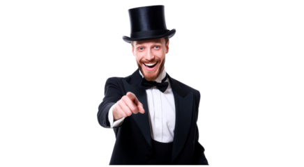 Smiling Man in Top Hat and Tuxedo Points at Viewer isolated on transparent background