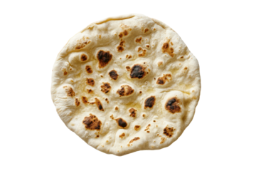 A perfectly round, lightly browned flatbread with slightly charred spots and a puffy texture, showing an overhead view