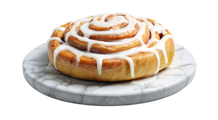 Delicious Cinnamon Roll with Icing on Marble Plate isolated on transparent background