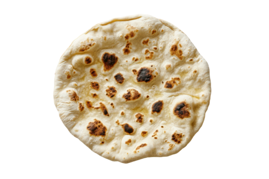 A perfectly round, lightly browned flatbread with slightly charred spots and a puffy texture, showing an overhead view - Powered by Adobe