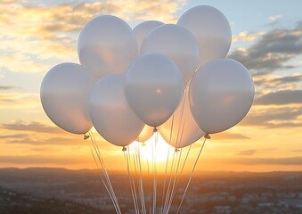 White balloons against a sunset