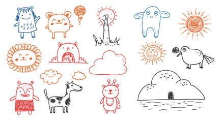 Whimsical Doodle Collection: Hand-Drawn Creatures and Objects