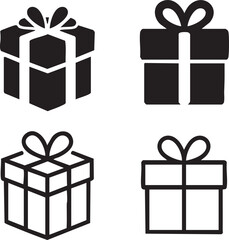This set of four black and white gift box icons presents a variety of styles.