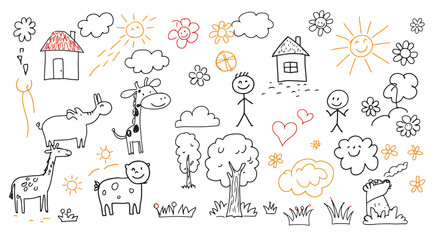 Child's Doodle: Whimsical Hand-Drawn Animals and Nature
