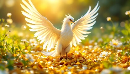 Digital phoenix reborn from shattered golden code fragments .