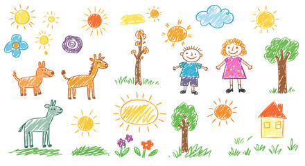 Childlike Crayon Drawings: Sun, Animals, People, and Nature
