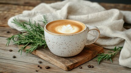 Latte art coffee in speckled mug, rosemary sprigs