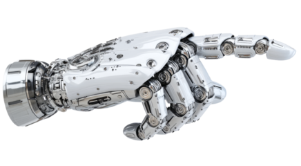 Futuristic Robotic Hand Pointing, Chrome and White, 3D Render isolated on transparent background