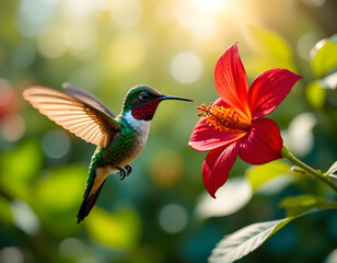 Fototapeta premium Hummingbird Flying Near Red Flower in Sunlight