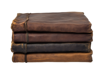 Stack of three aged leather-bound journals, various shades of brown, showing wear and texture