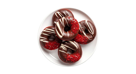 Delicious Red Velvet Donuts with Chocolate Icing and Sprinkles on White Plate isolated on transparent background
