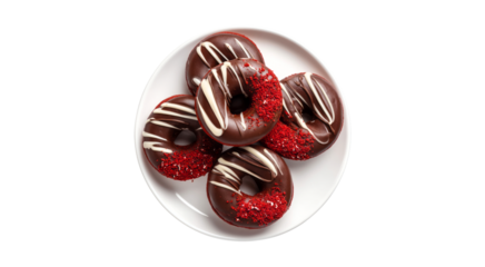 Delicious Red Velvet Donuts with Chocolate Icing and Sprinkles on White Plate isolated on transparent background