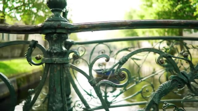 The distinctive, ornate green (or black, depending on current paint) wrought iron scrollwork of the Pont des Amours.