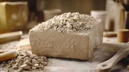 Artisan Pottery Clay Block, Close-up of Beige Clay, Textured Surface, Craftsmanship, Studio Shot.