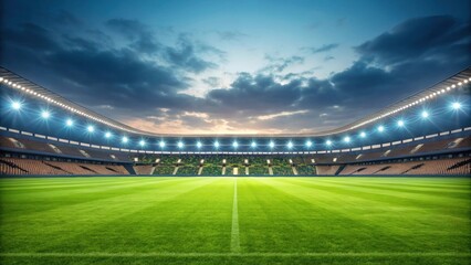 A modern stadium with vibrant lighting and a lush green field under a dramatic sky.