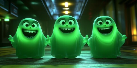 Three cheerful green ghosts in a corridor