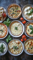 Assorted pizzas, overhead view