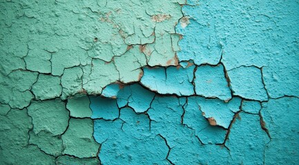 Cracked and peeling paint in teal and blue hues, revealing underlying surface