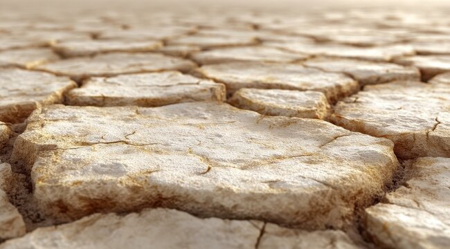 Close-up of cracked, parched earth, pale beige and tan tones, showing texture and aridity
