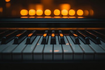 Piano keys illuminated by warm light