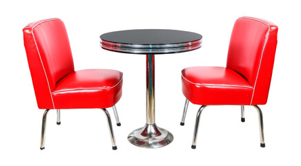 Fototapeta premium Retro Diner Set Red Vinyl Chairs and Chrome Table isolated on transparent background