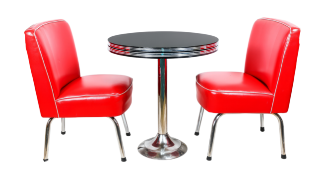 Retro Diner Set Red Vinyl Chairs and Chrome Table isolated on transparent background