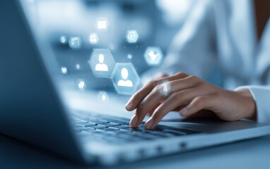Close-up of hands typing on a laptop, with digital profile icons and symbols hovering above the keyboard, suggesting online networking or data management
