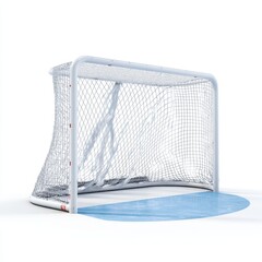 A distorted white hockey net rests on a light blue surface, suggesting impact or damage, against a plain white backdrop