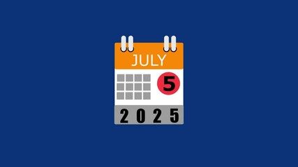 July calendar icon animation. July 5, 2025 calendar. Increase your productivity with the help of calendar.