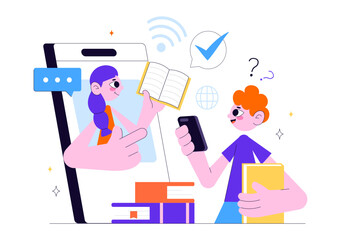 Online Education and Knowledge Books Illustration Featuring People Studying with School Supplies and Learning Materials Platform in a Background