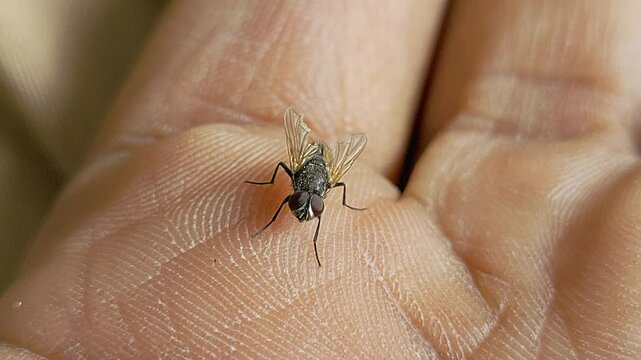 Close-Up of a House Fly on Human Hand