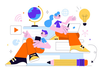 Online Education and Knowledge Books Illustration Featuring People Studying with School Supplies and Learning Materials Platform in a Background