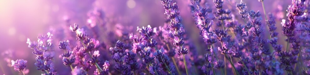 Sunlit lavender field, softly blurred, showcasing delicate purple blooms in a tranquil setting