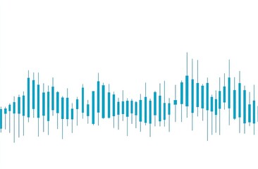 Stock market chart displaying price fluctuations over time.  Series of teal colored candlesticks with varying heights and widths.  Shows periods of price increases and decreases