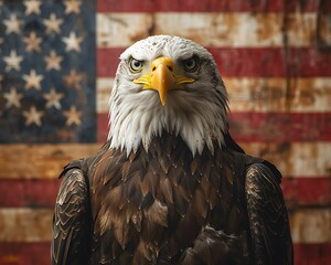 Bald eagle portrait against American flag