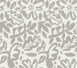Abstract floral hand drawn seamless pattern with ink brush texture style.	