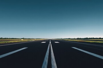 Naklejka premium Runway vanishing point, asphalt texture, clear blue sky, green fields on either side, perspective lines converging to horizon