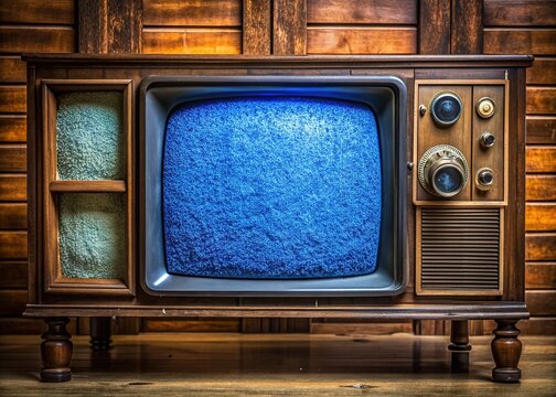 Retro television set displays a fuzzy blue screen with static noise, indicating no broadcast signal, surrounded by vintage buttons and dusty wooden cabinet.