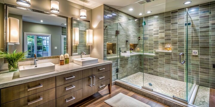 Renovated old bathroom transformed into modern oasis with sleek fixtures, glass tile, and walk-in shower, perfect for relaxing and rejuvenating in style.
