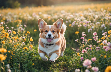 Playful Corgi Running Freely Through Blooming Summer Flower Field