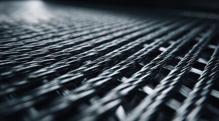 Close-up of parallel, interwoven, dark metallic strands forming a grid-like texture with shallow depth of field and dramatic lighting