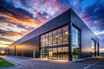 Obraz premium A sleek modern black warehouse exterior with expansive glass windows gleams at dusk, set against a moody blue-purple sky, captured in stunning wide-angle detail.