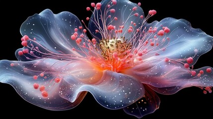 A mesmerizing abstract flower with glowing petals and sparkling details set against a black background.