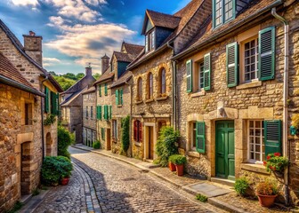 Fototapeta premium Historic small town scene with worn cobblestone street lined with ancient buildings featuring charming facades, steeply pitched roofs, and ornate window shutters.