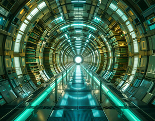 Looking Down Futuristic Tunnel with Bright Glowing Lights